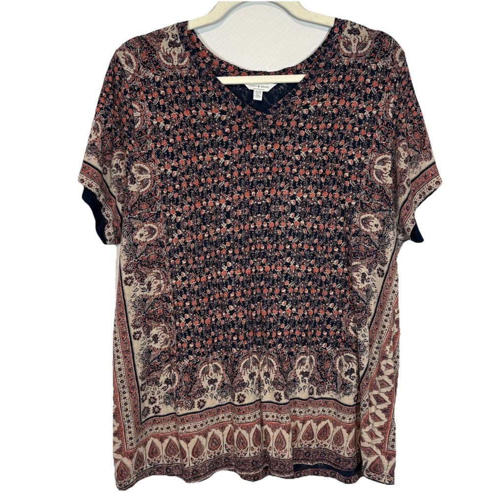Lucky Brand Top 1X Blue Floral Paisley V-Neck Short Sleeve Cotton Modal Boho