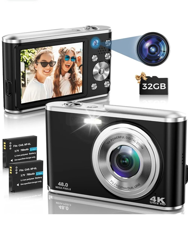Cámara Digital, Enfoque Automático 4K Cámara Digital con Tarjeta SD 32G Frontal y Trasera Doble