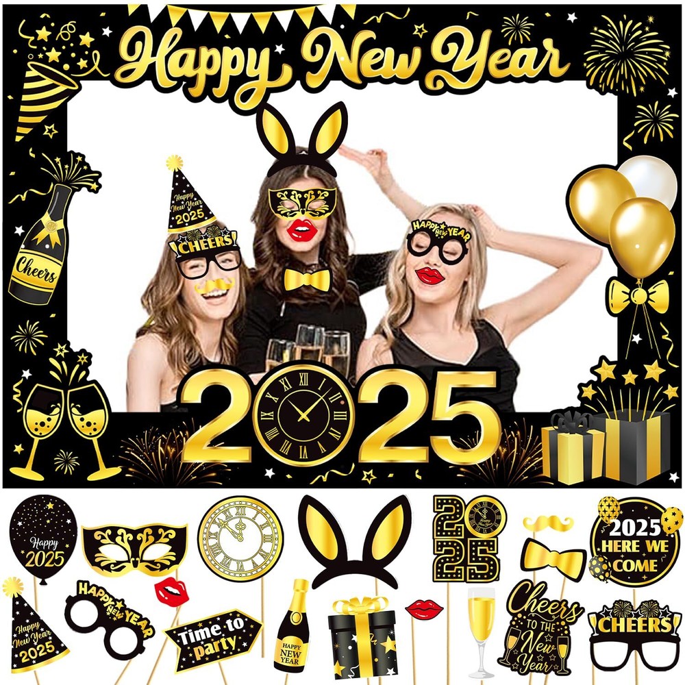 New Years Eve Decorations 2025 Giant Happy New Year Selfie Frame 18pcs New Ye...-image