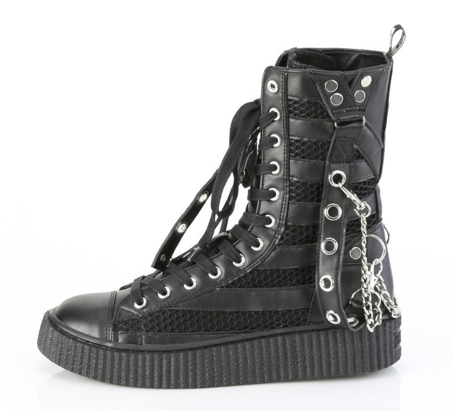 Black 2000s Goth Emo Alt High Top Fishnet Sneakers Boots Mens Shoes Demonia