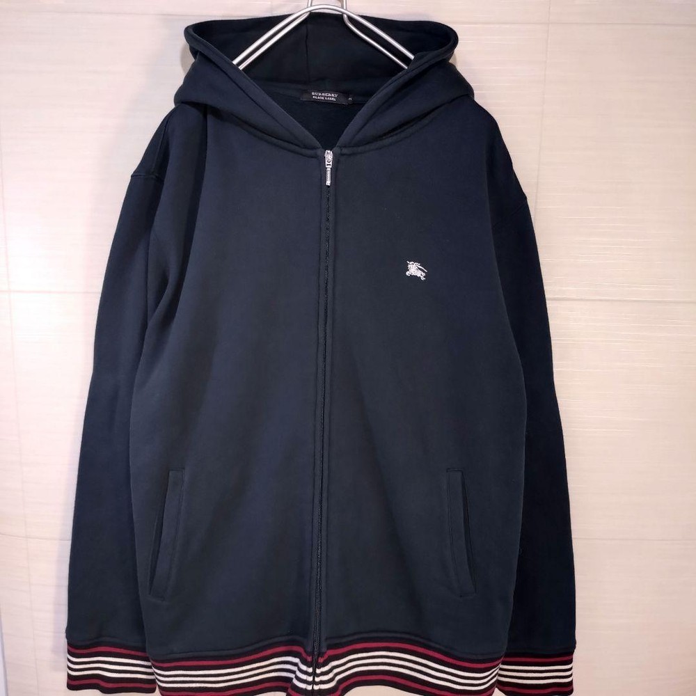 Burberry Black Label Hoodie Embroidered Logo Ribbed Line Full Zip Black F/S from