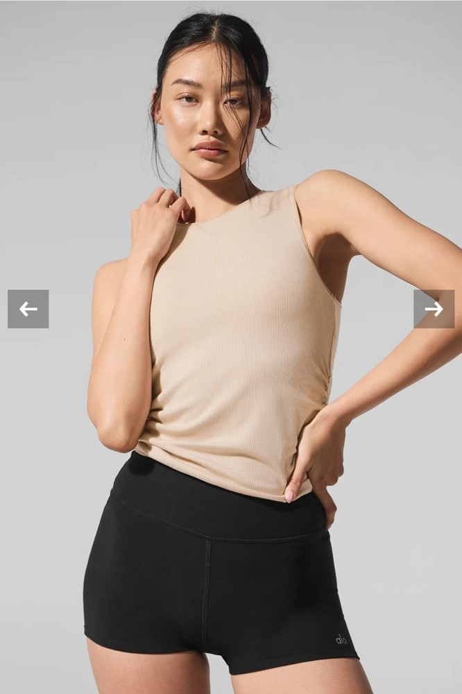 Alo Yoga Ribbed En Pointe Tank Bwige Tan Small Ruched Sides Top Active