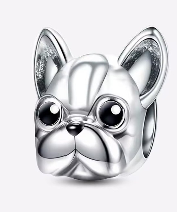 Sterling Silver Bulldog Face Charm Bead for Bracelet S925 Pet Lover Gift