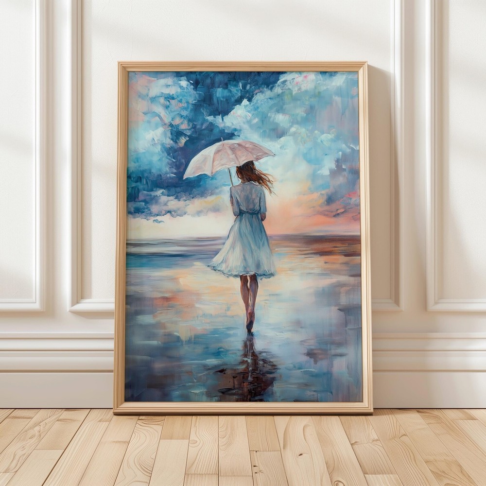 Romantic Beach Walk Art Print  Woman With Umbrella Oil Painting  Coastal Wall