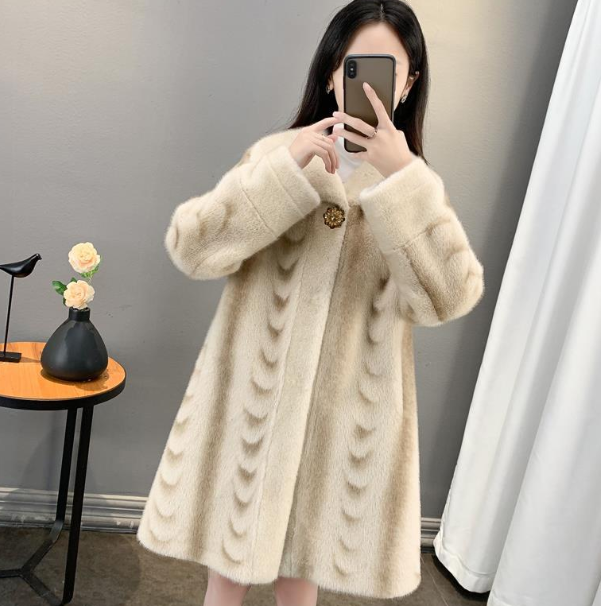 Luxury Gold Mink Fleece Warm Faux Fur Coat Women Mid Long Winter Jacket