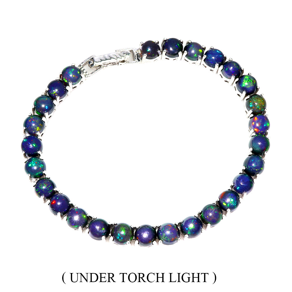 Valentine 925 Silver Bracelet Round Black Opal 6mm Natural Gemstone Jewelry 7.5