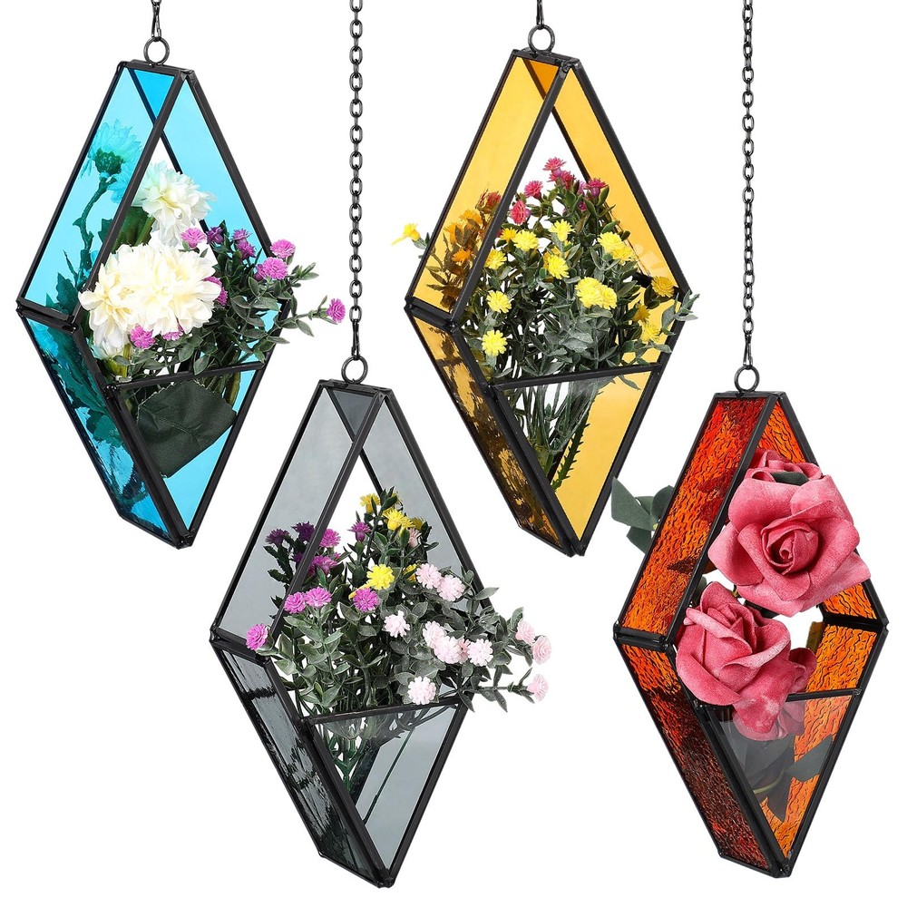 4 Pcs Geometric Stained Glass Hanging Terrariums for Plants