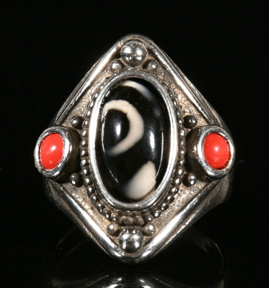 Old Tibet Miao Silver inlay Agate Dzi Beads Amulet Exorcism Ring Finger ring