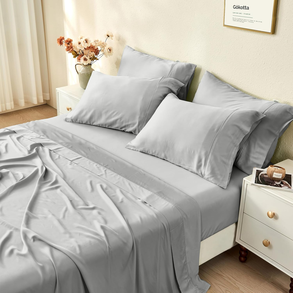 Queen Size Bed Sheets 6 Piece Set, 100% Rayon Derived from Bamboo, Cooling for H