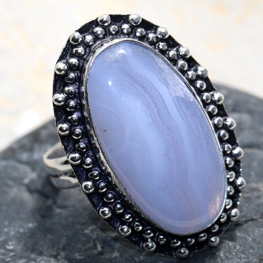 925 Silver Plated Blue Lace Handmade Ethnic Ring Size US 8 JW