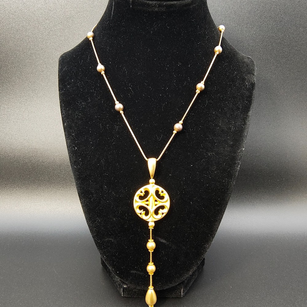 Vintage AKII Anne Klein Medallion Necklace Gold Tone Lariat Faux Pearl Beads 90s