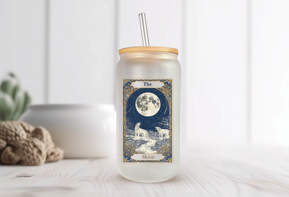 The Moon Tarot Card Frosted Glass Can With Bamboo Lid 16 Oz Glass Cup by Mugzan