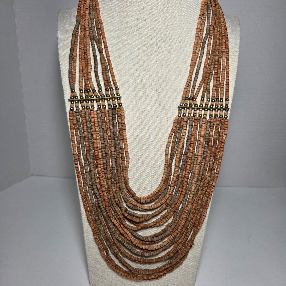 Multi-Strand Wooden Bead Necklace - Tribal Bohemian Statement Jewelry Gold Tone