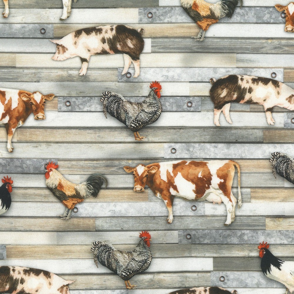 Farm Country Fabric by Robert Kaufman YARD Farmhouse Cow Pig Rooster Wood Brown