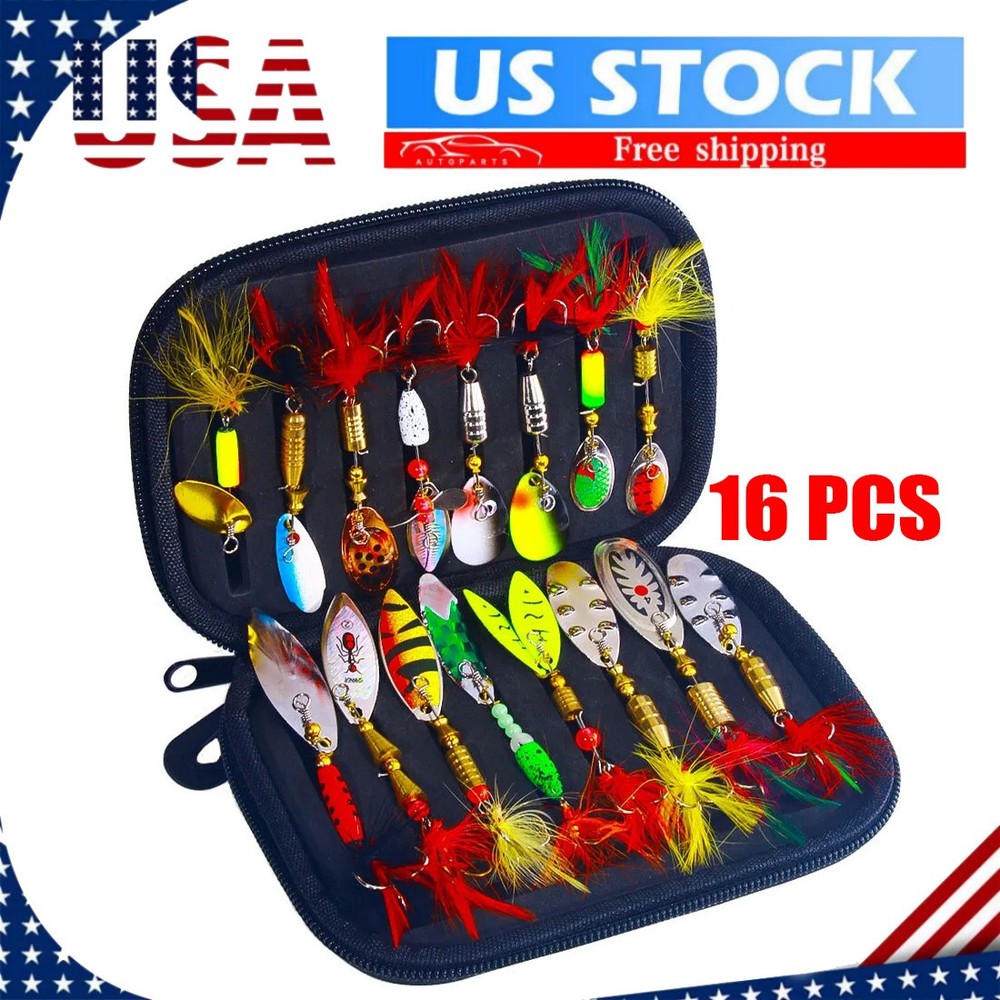 16PCS Lot Fishing Lures Bait Metal Crankbait Blade Spinner Bait Spoon Bag Kit US