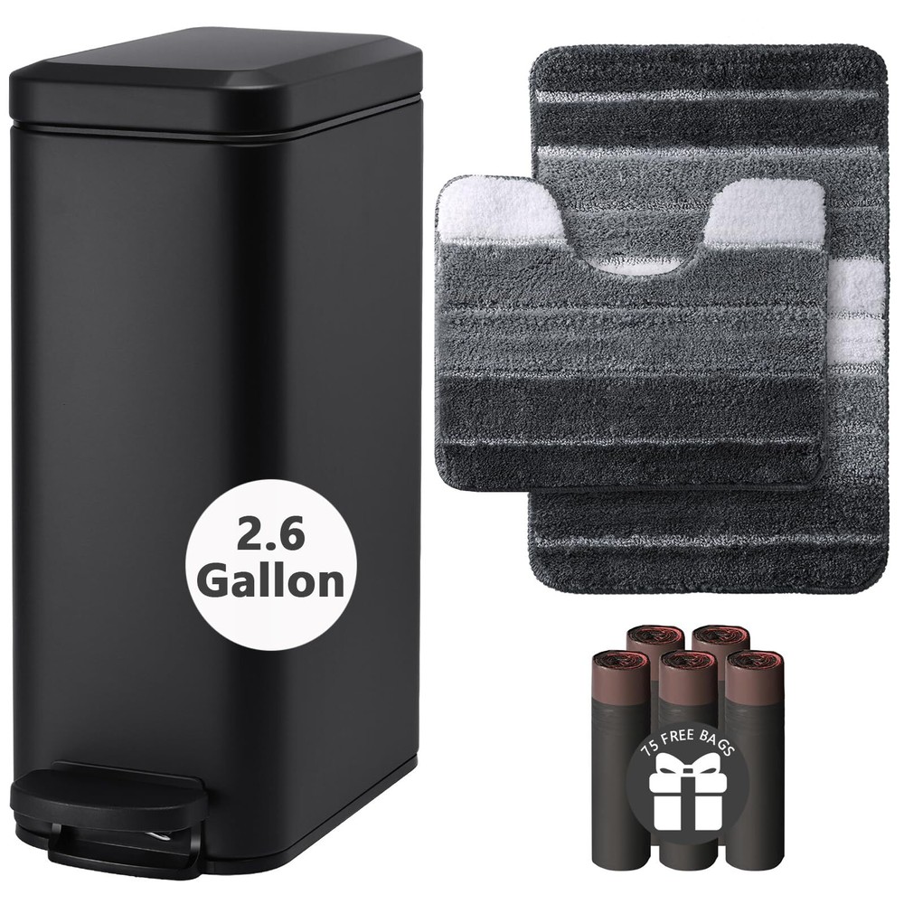 Bathroom Trash Can And Bath Rugs Black Restroom Accessories 2.6gal Stainless Ste