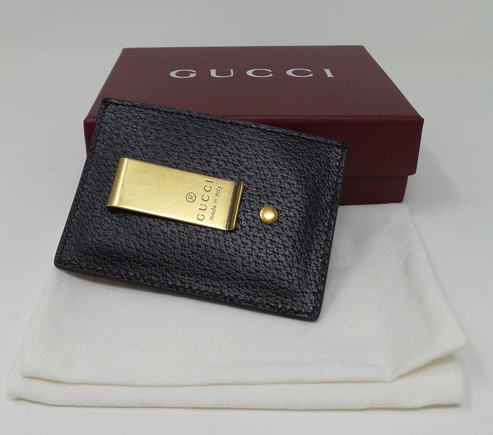 Gucci Money Clip Wallet Brass GG Card Holder Unisex Mens Womens, BLACK Leather