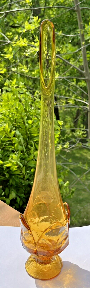 VIKING Mid-Century Swung  Leaf Amber Hand Blown Vase w/ VIKING Label - 14