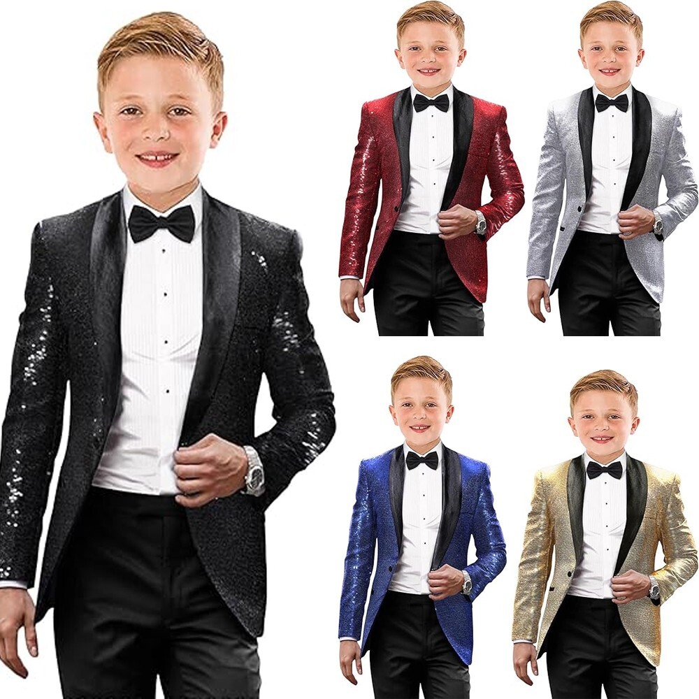 Boys Tuxedo Shiny Sequins Suit for Kids Slim Fit 2 Piece Formal Prom Dress Suit