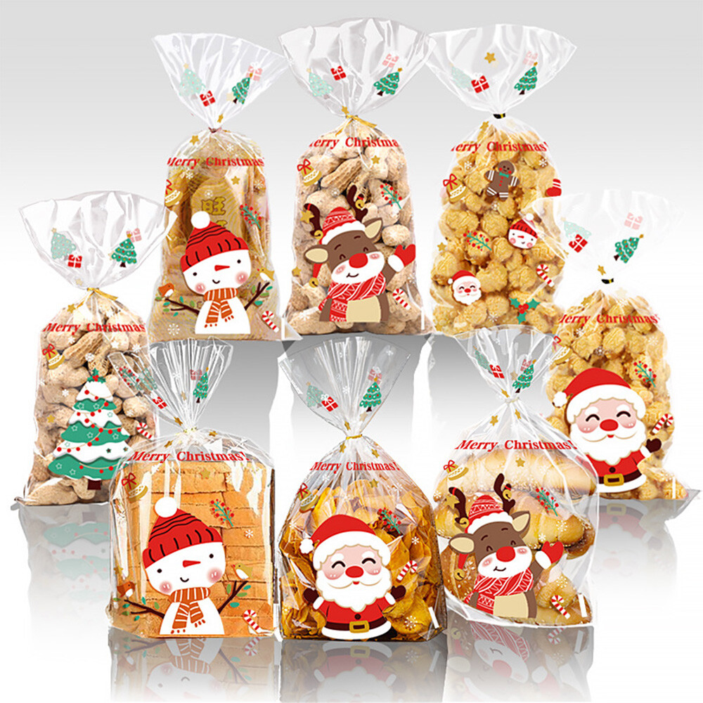 50X Cellophane Bags Christmas Snowman Santa Claus Candy Snacks Cookie Bag Sweets