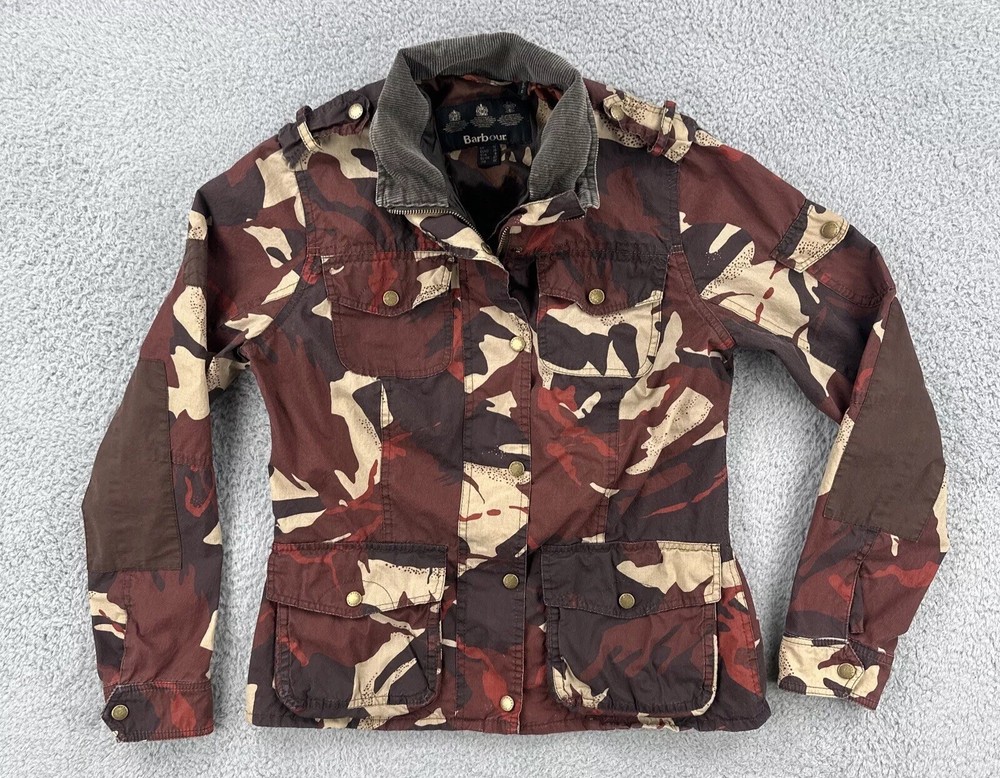Barbour Womens Size 8 Red Camo Chore Jacket with Corduroy Collar