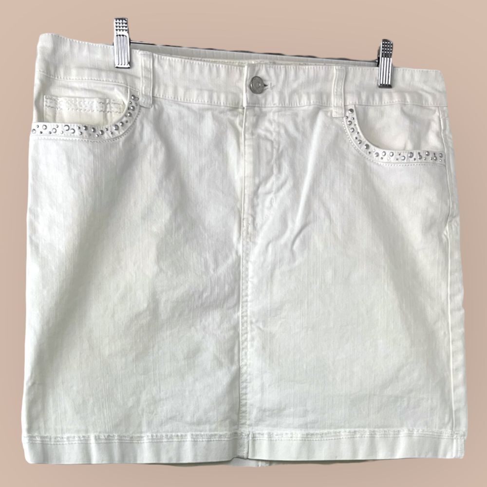 White House Black Market Womens White Denim Mini Skirt Sz 12 Beaded Retro Y2K