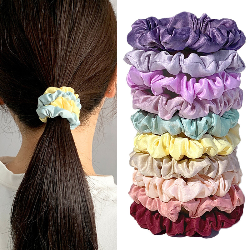 9/10*Silky Satin Scrunchies Elastic Hair Bands Ponytail Holder Rubber Hair Rope