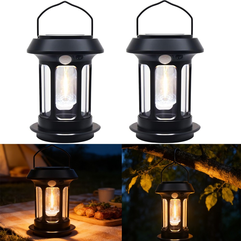 2x Solar Motion Sensor Hanging Light Outdoor 4 Modes Camping Lantern Garden Lamp