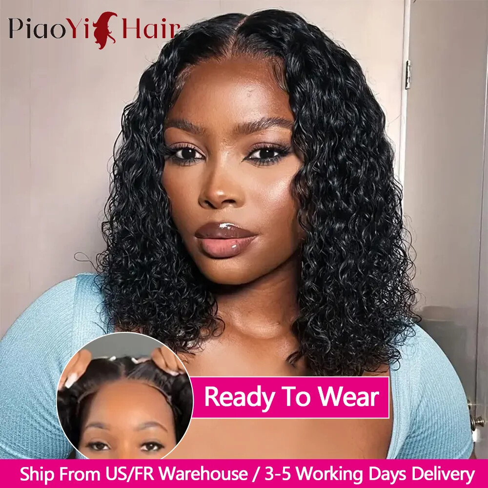 Glueless Water Wave Human Hair Bob Wig 200% Density 4x4 Lace Remy Hair