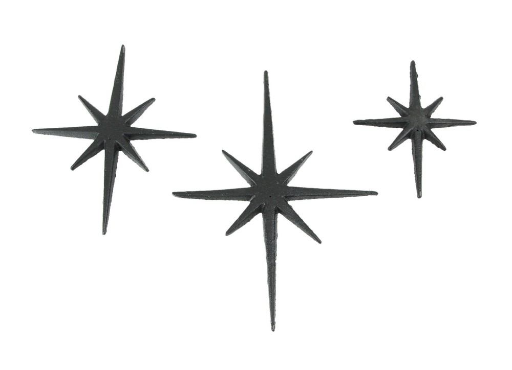 Zeckos Set of Three Cast Iron 8 Pointed Atomic Starburst Wall Hangings Stars
