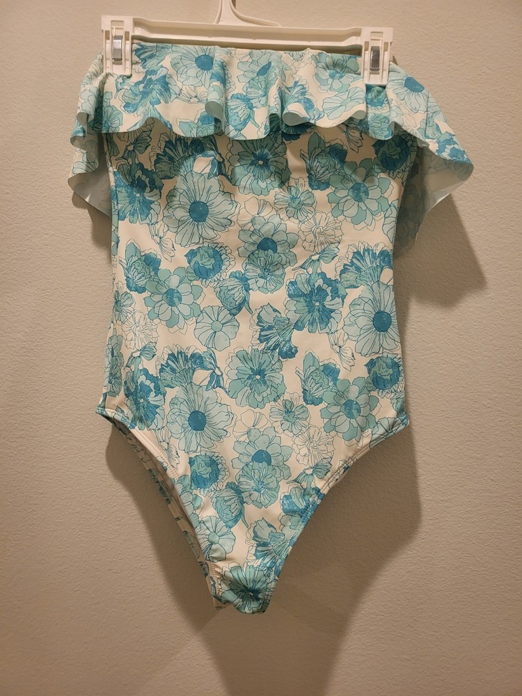 Women's Floral Print Ruffle Bandeau Cheeky One Piece Swimsuit - Shade & Shore M