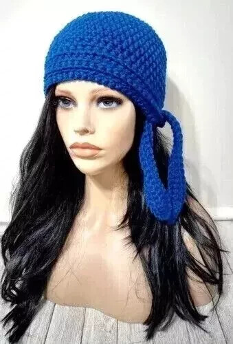 crochet womans handmade biker hat beanie skull chemo peacock blue USA made
