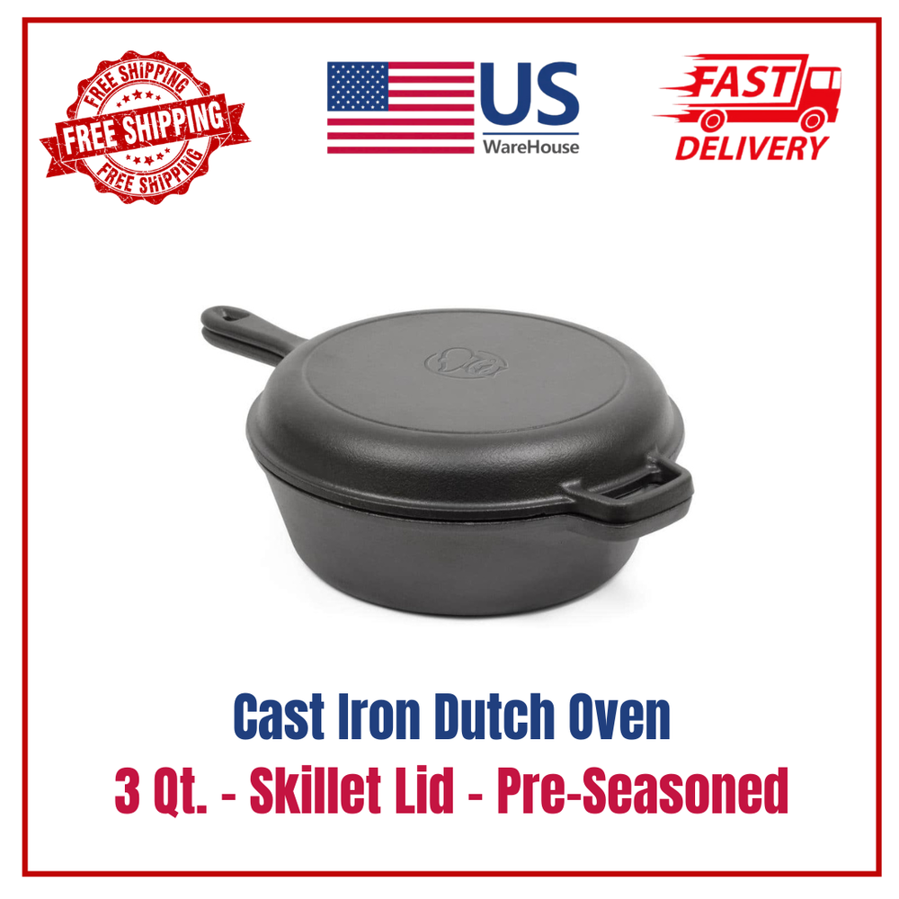 3 Qt Pre-Seasoned Cast Iron Dutch Oven with Skillet Lid