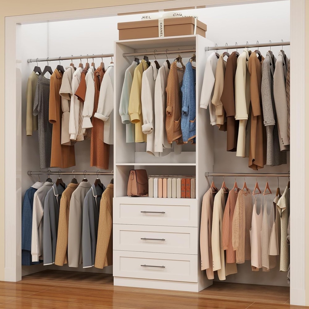 4FT-8FT Walk-In Closet Organizer System with 3 Wooden Drawers