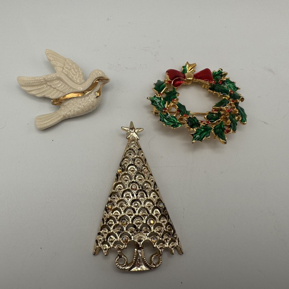 Vintage Brooch Lot Of 3 Holiday Pins Lenox Porcelain Dove Christmas Tree Wreath