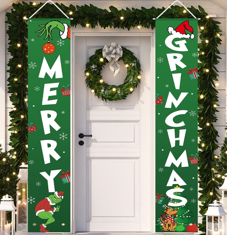 Christmas Decorations - Christmas Decor MERRY GRINCHMAS Banner - Xmas Porch D...