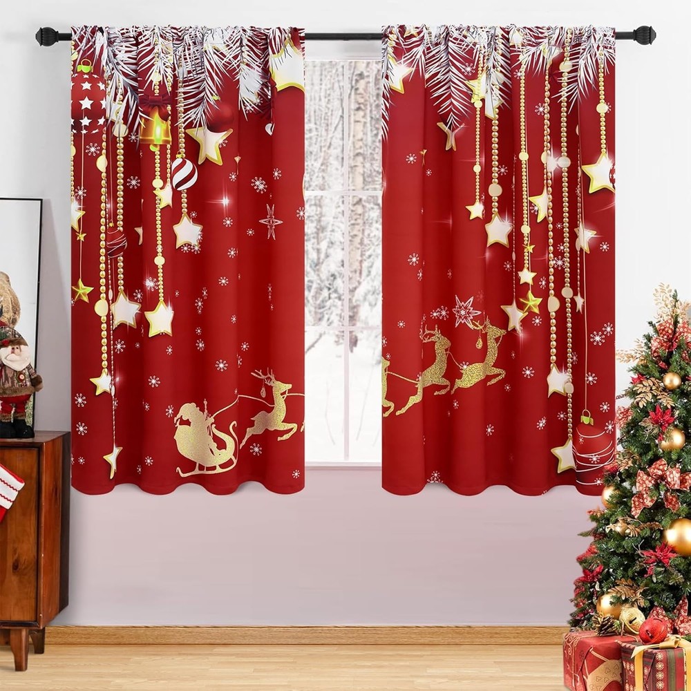 Christmas Blackout Curtains 63 inch Length 2 Panels Set, Christmas Window Cur...