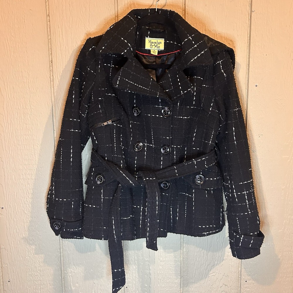 Maralyn & Me Peacoat Womens Medium Black Windowpane Check Double Breasted Belted