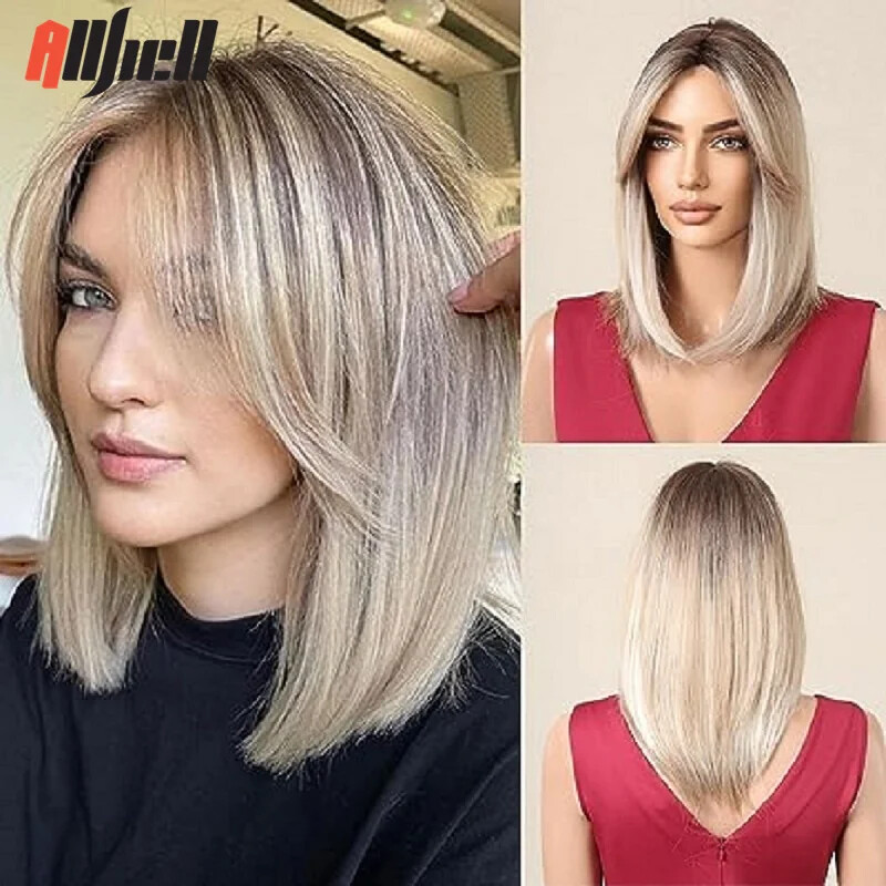 Short Ombre Blonde Straight Synthetic Wig for Cosplay Party Daily Wear