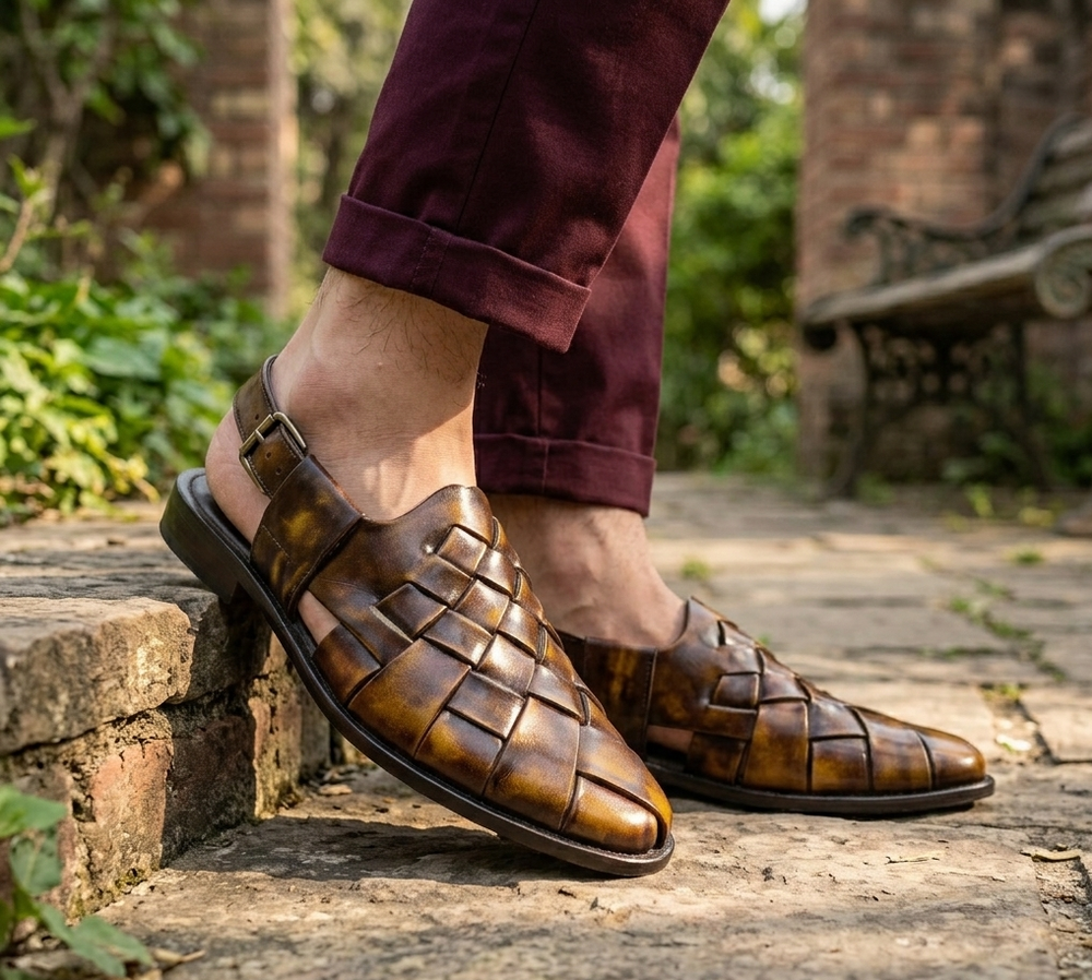 Handmade Men’s Leather Peshawari Chappal Woven Fisherman Sandals Summer Shoes