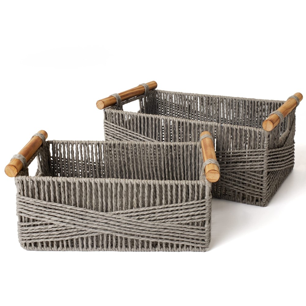 Wicker Storage Baskets for Organizing, Recyclable Paper Rope Basket with Wood...