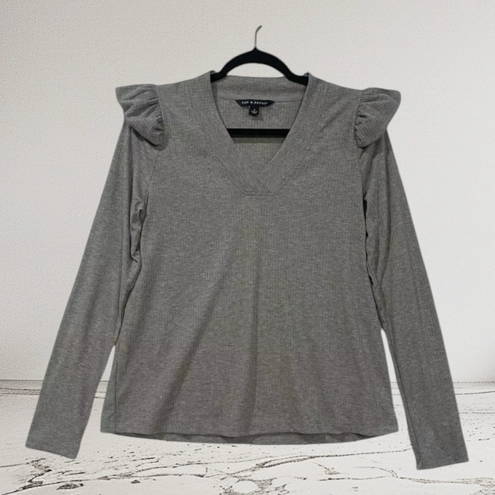 Zac & Rachel Ruffle Sleeve Top Women’s Size Small Grey Soft Ribbed Knit NWT