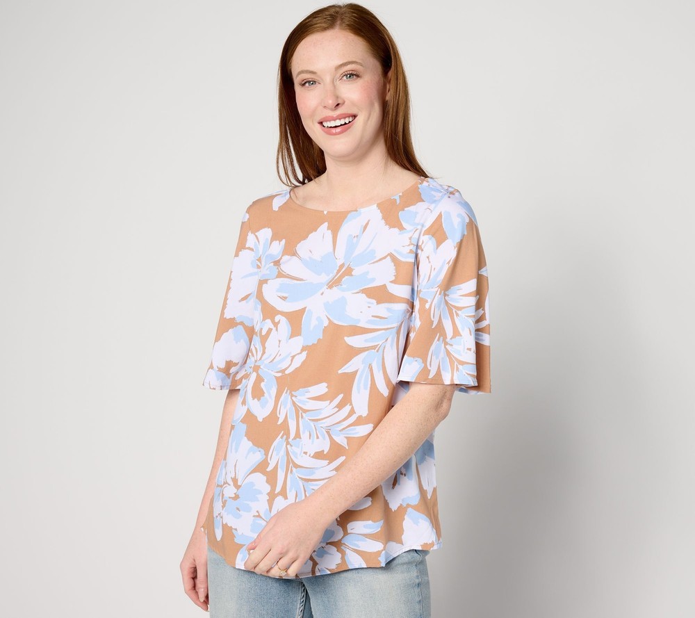 Maya J Women's Top Sz L Denim & Co. Printed Boatneck Blouse Multi-colored