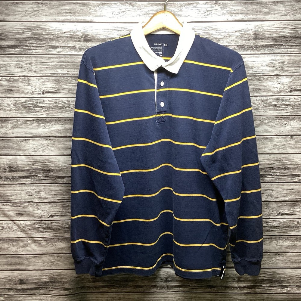 Old Navy Rugby Shirt Mens 2XL Blue Striped Long Sleeve Polo Preppy