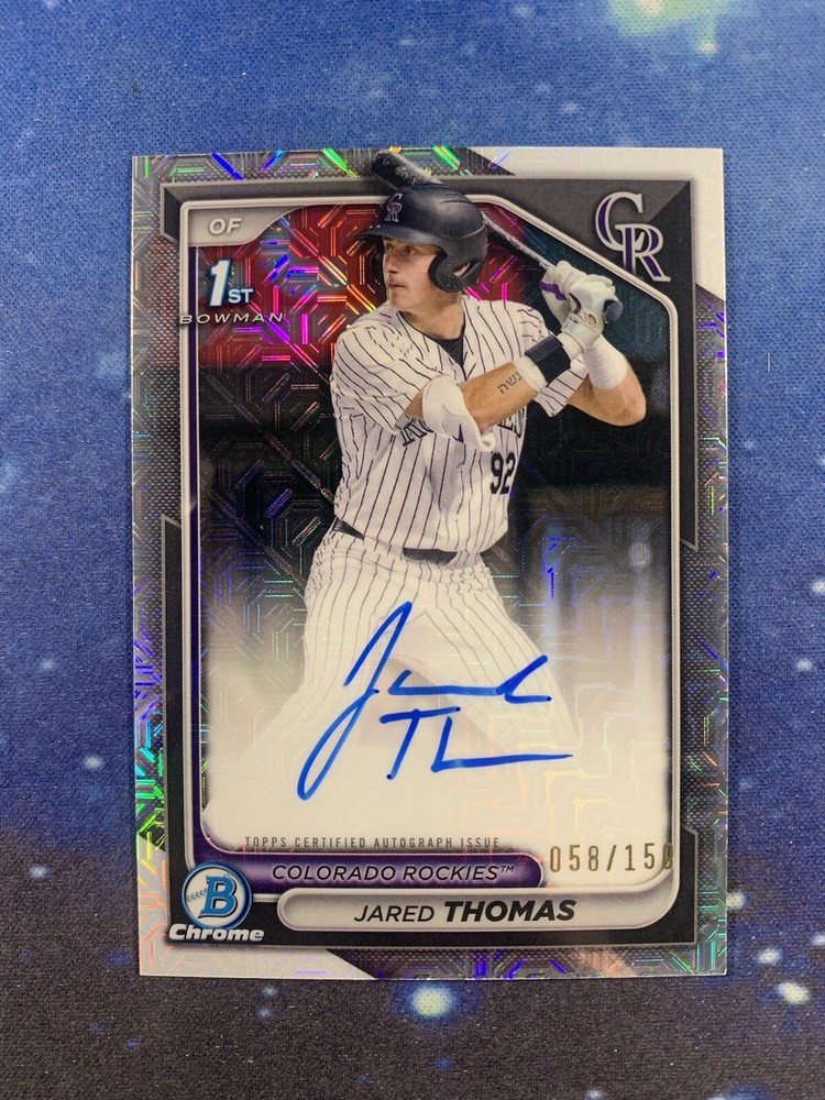 2024 Bowman Chrome Draft Jared Thomas 1st HTA Choice Mojo Refractor Auto /150