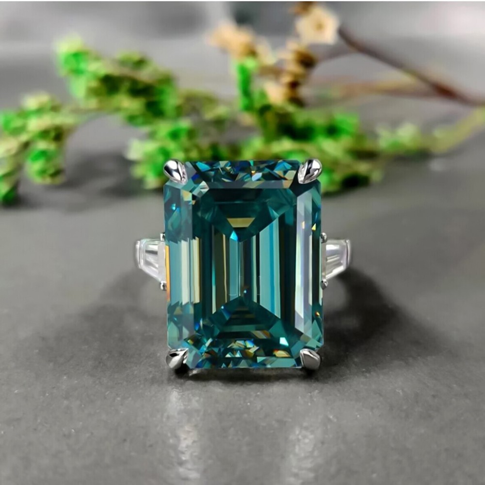 5.85 Ct. Emerald Cut Blue Diamond Ring in 925 Silver – Certified Statement Ring