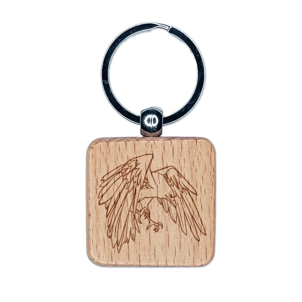 Bird Crow Raven Flying Landing Engraved Wood Square Keychain Tag Charm