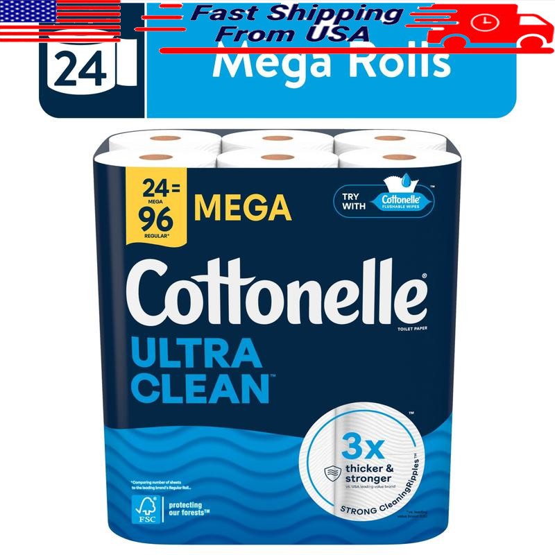 Ultra Clean 1-Ply Toilet Paper 24 Mega Rolls Strong Soft Unscented Sheets