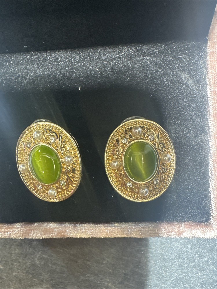 Green cats eye gemstone dangle earrings