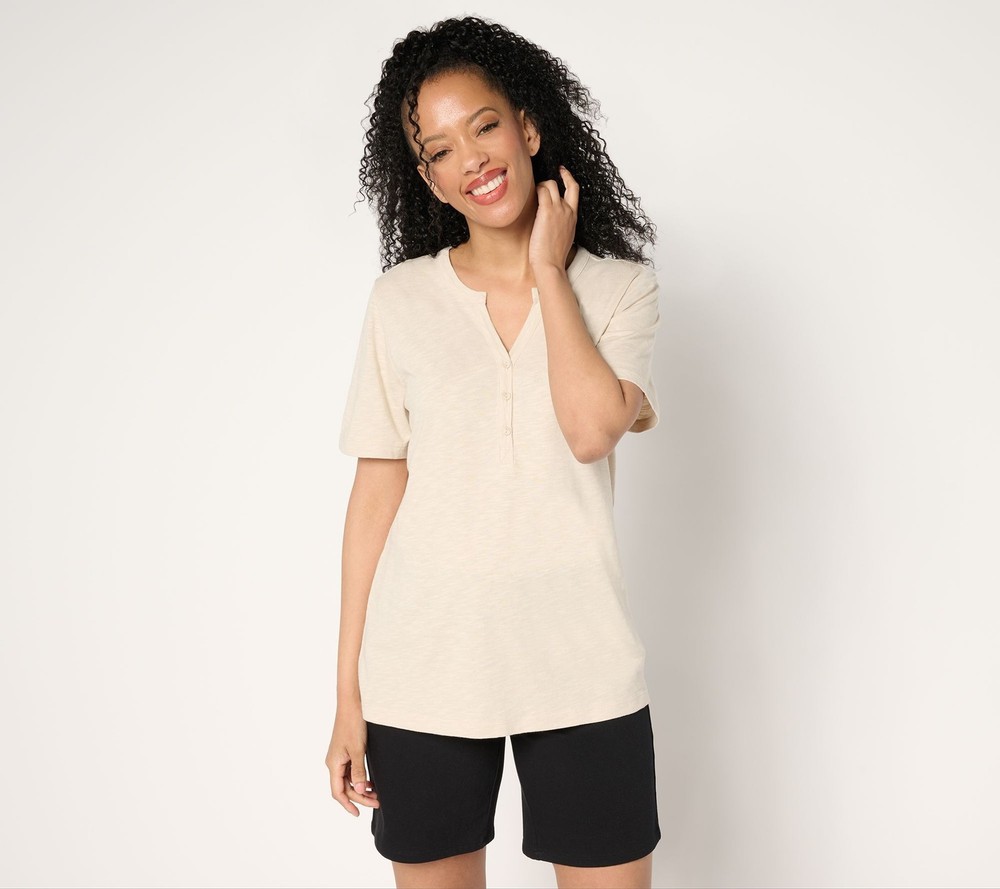 Denim & Co. Women's Top Plus Sz 1X Essentials Linen Blend Short White A685472